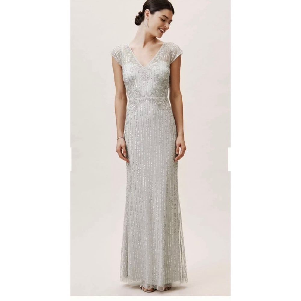 BHLDN Calais Beaded Column Gown In
Morning Mist Blue Size 4,6 - Picture 3 of 11